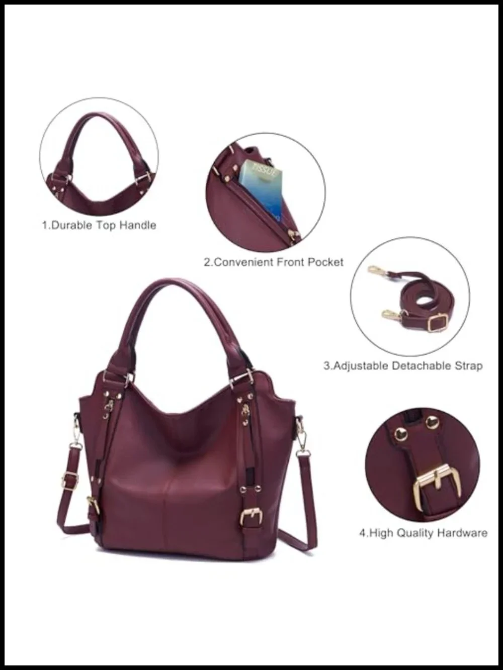 Large Hobo Crossbody Handbag Set 4pcs Soft PU Leather Detachable Strap 9 Pockets